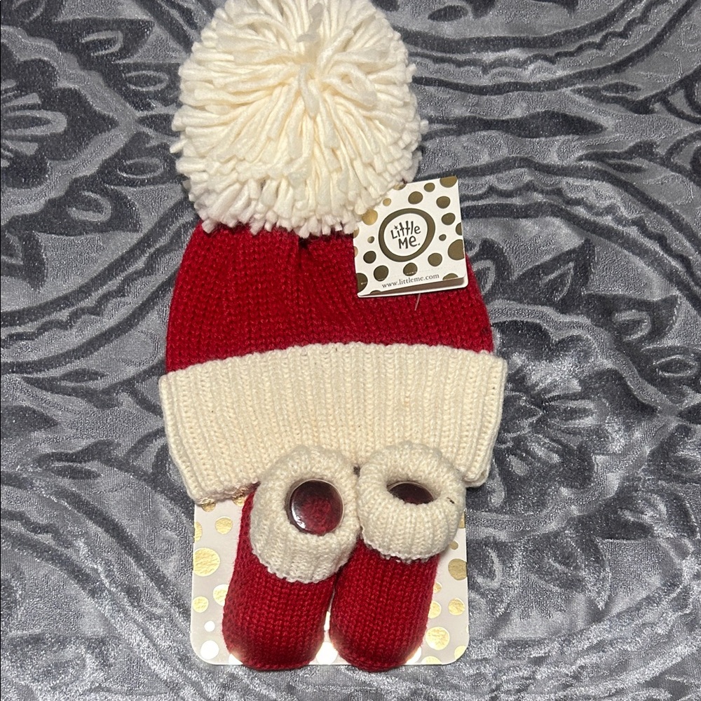 Little Me Red and Cream Knit Pom Beanie with Matching Booties